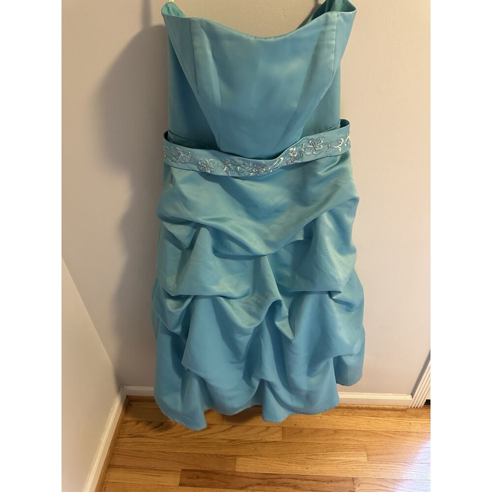 Strapless Blue Cocktail Dress Size 16 Ruched Beaded Waist Formal Prom Ball Gown